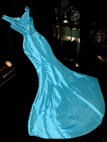 Blue Mermaid Straps Beaded Satin Long Party Dress Evening Dress HZ1023